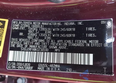 2019 Toyota Highlander Xle from USA, damaged, VIN 5TDJZRFH8KS730590